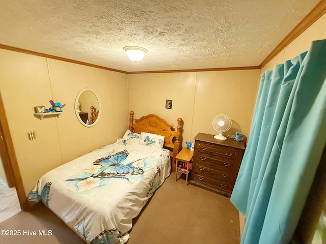 bedroom with a textured ceiling, light colored carpet, and crown molding