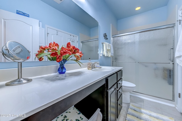 full bath featuring tile patterned flooring, a shower stall, vanity, and toilet