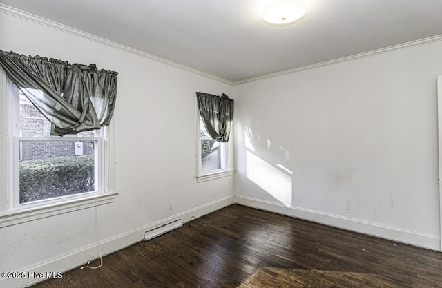 empty room with baseboards, plenty of natural light, ornamental molding, and dark wood-type flooring