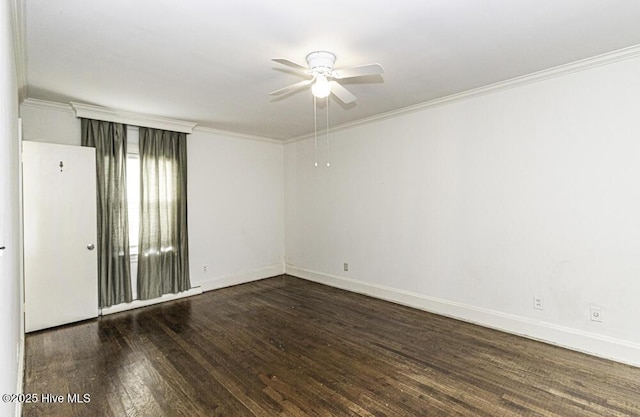 unfurnished room with ceiling fan, ornamental molding, dark wood finished floors, and baseboards