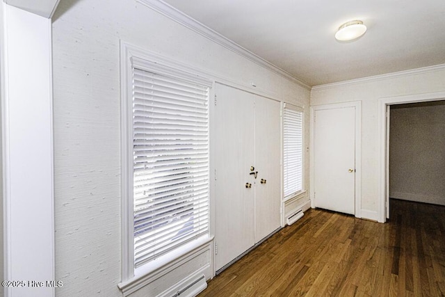 foyer entrance featuring a baseboard heating unit, dark wood-type flooring, and crown molding