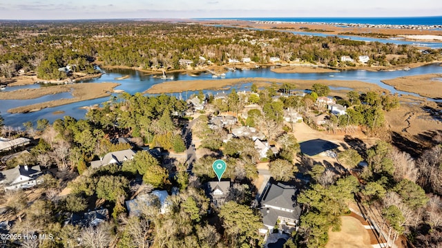 bird's eye view with a water view and a forest view