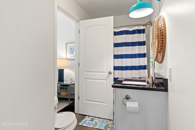 full bathroom featuring a shower with curtain, vanity, and toilet