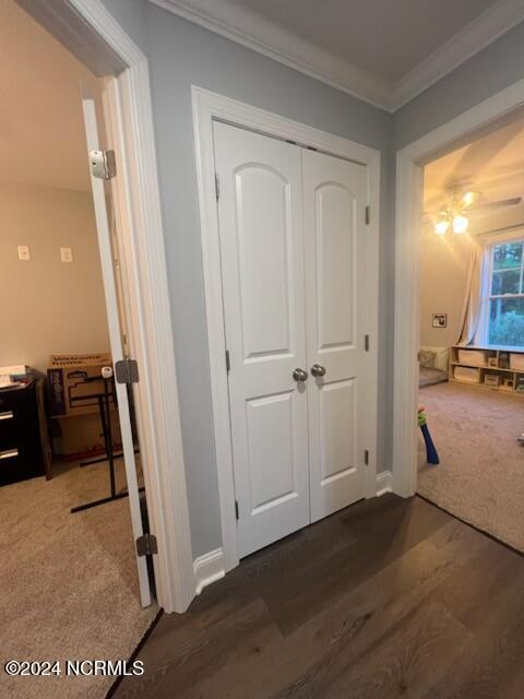 corridor featuring dark wood-style floors and crown molding