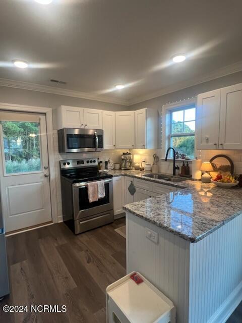 kitchen with light stone counters, dark wood-type flooring, a sink, white cabinets, and appliances with stainless steel finishes