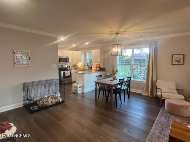 dining area featuring dark wood-style flooring, a notable chandelier, crown molding, and baseboards