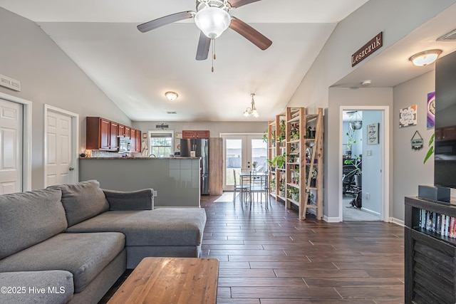 living room featuring ceiling fan, baseboards, lofted ceiling, french doors, and dark wood-style flooring