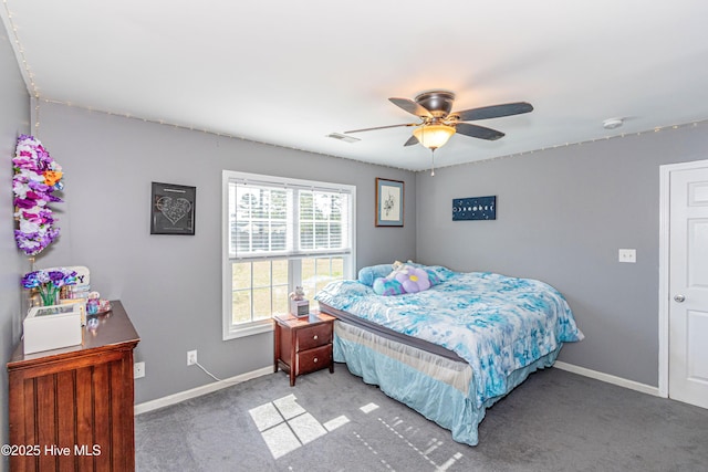 bedroom featuring a ceiling fan, baseboards, visible vents, and carpet floors