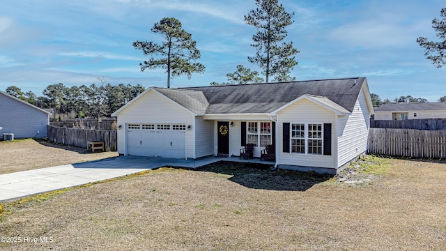 ranch-style house with an attached garage, concrete driveway, and fence