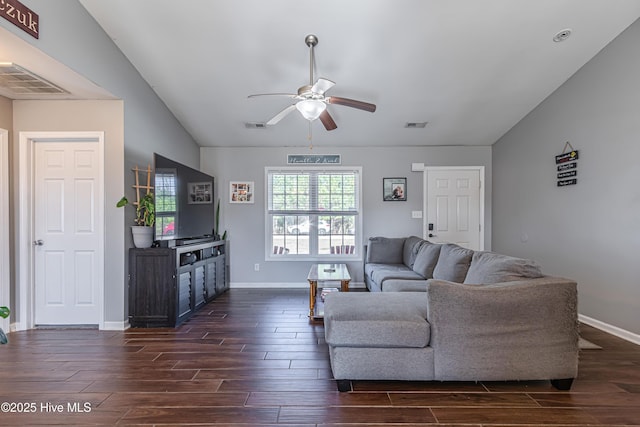 living room with dark wood-style floors, visible vents, and ceiling fan