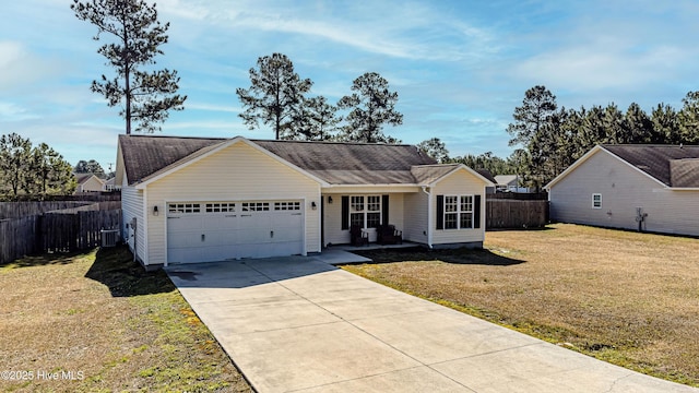 ranch-style home featuring driveway, fence, a front yard, a shingled roof, and a garage