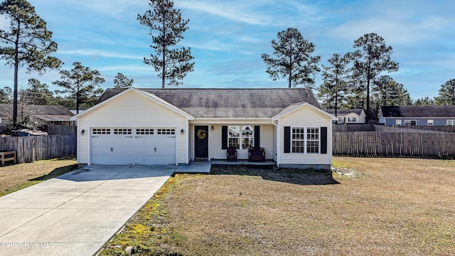 ranch-style house with a porch, an attached garage, a front yard, and fence