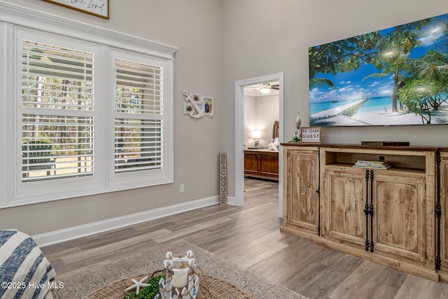 interior space with wood finished floors, a ceiling fan, and baseboards