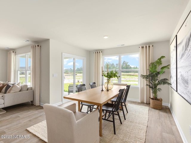 dining room featuring light wood-style floors, visible vents, plenty of natural light, and baseboards