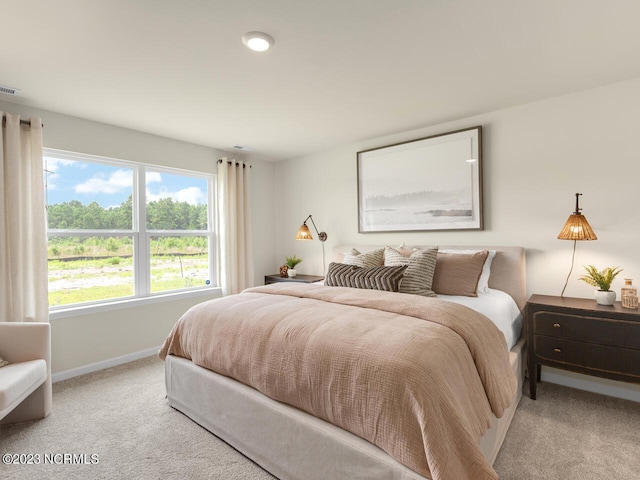 bedroom featuring carpet floors, visible vents, and baseboards