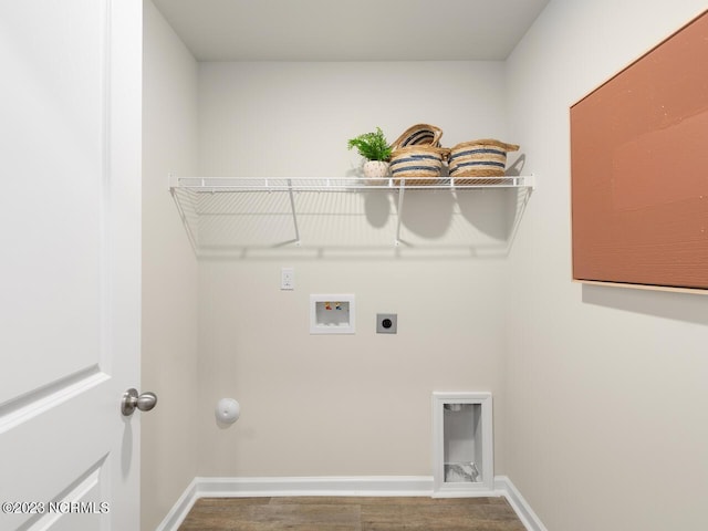 laundry room featuring laundry area, baseboards, wood finished floors, hookup for a washing machine, and hookup for an electric dryer