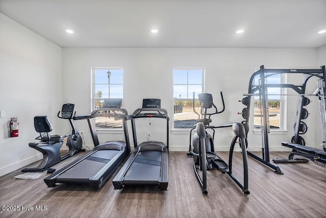 exercise room with baseboards, wood finished floors, and recessed lighting