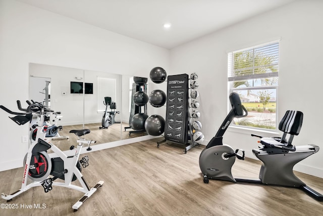 exercise room featuring baseboards and wood finished floors