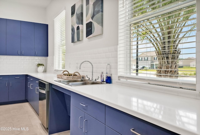 kitchen with blue cabinets, light countertops, and a sink