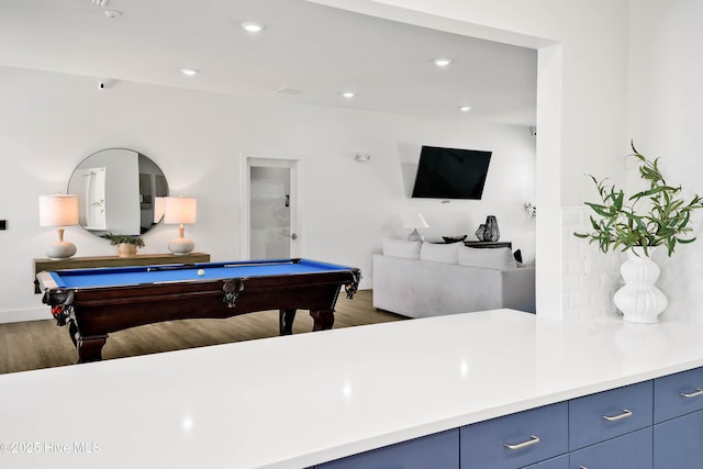 rec room with dark wood-type flooring, recessed lighting, and billiards