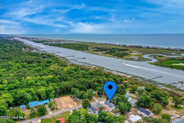 drone / aerial view featuring a water view