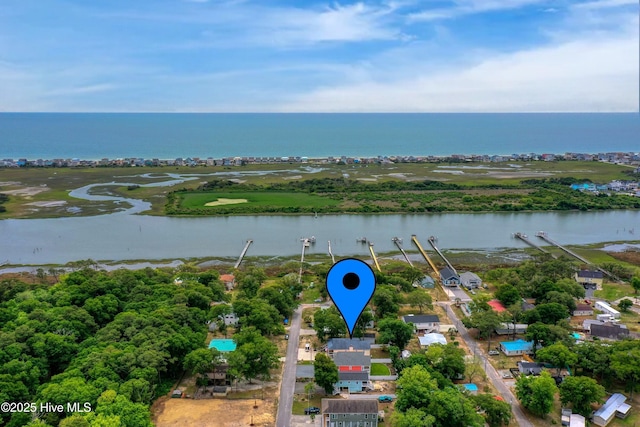 drone / aerial view featuring a water view