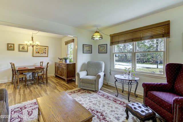 living room featuring plenty of natural light, baseboards, and wood finished floors