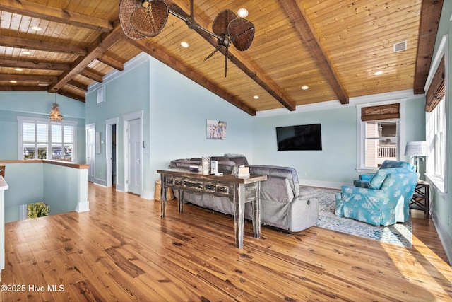 living room featuring beam ceiling, visible vents, light wood-style floors, wooden ceiling, and baseboards