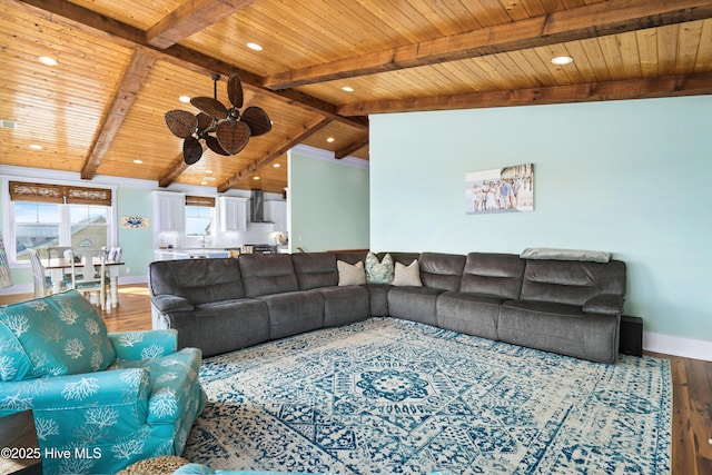 living room featuring lofted ceiling with beams, wood finished floors, wood ceiling, and baseboards