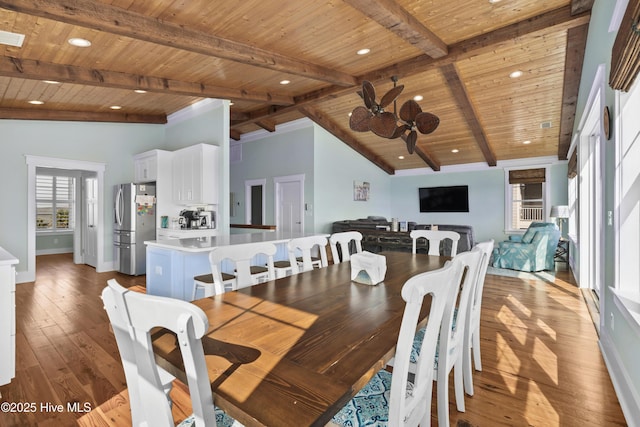 dining area featuring wood ceiling, beamed ceiling, and light wood finished floors