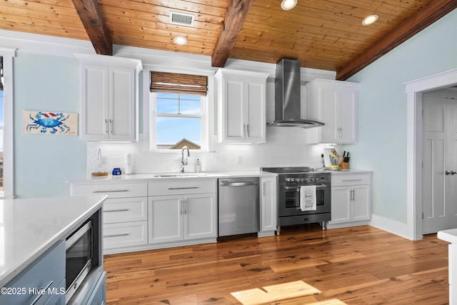 kitchen featuring light countertops, appliances with stainless steel finishes, white cabinets, a sink, and wall chimney range hood