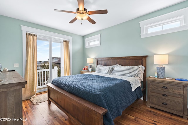 bedroom with access to exterior, ceiling fan, and dark wood-style floors