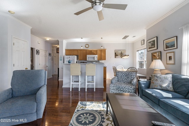 living room with dark wood-style floors, crown molding, a textured ceiling, and ceiling fan