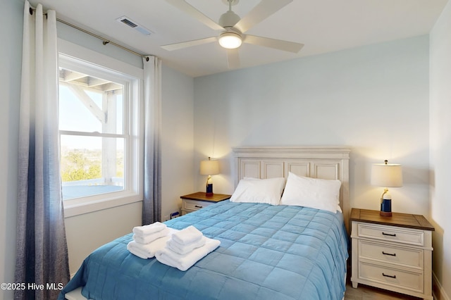 bedroom featuring a ceiling fan and visible vents