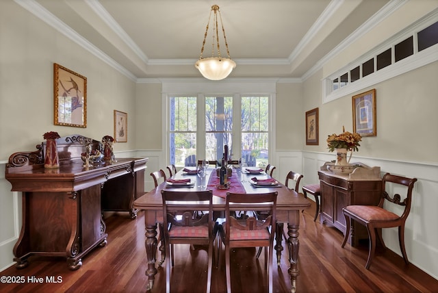 dining space with dark wood-style flooring, a decorative wall, wainscoting, a raised ceiling, and crown molding