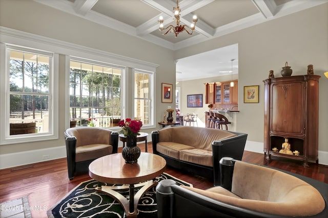 living room featuring a chandelier, wood finished floors, beam ceiling, baseboards, and coffered ceiling