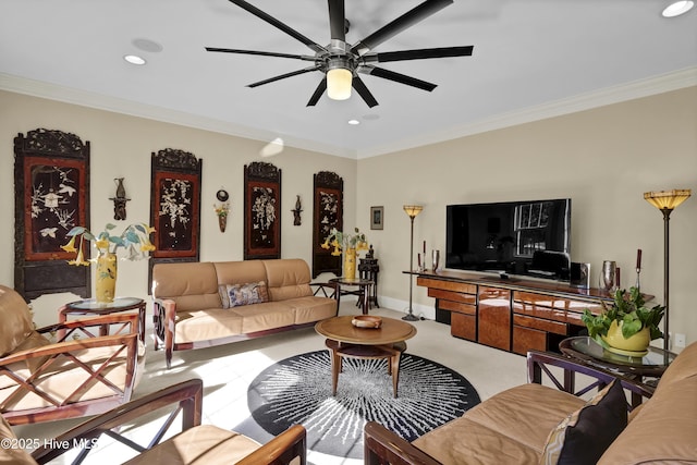 carpeted living room with recessed lighting, crown molding, baseboards, and ceiling fan