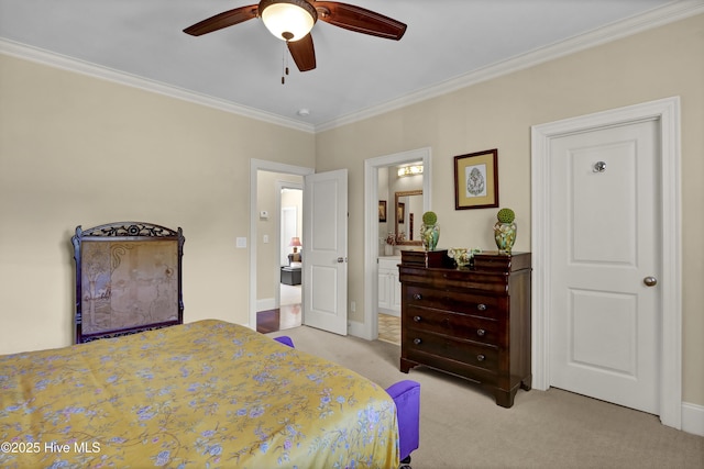bedroom with light carpet, ornamental molding, connected bathroom, a ceiling fan, and baseboards