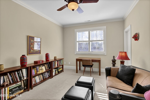 living area featuring crown molding, visible vents, light carpet, ceiling fan, and baseboards