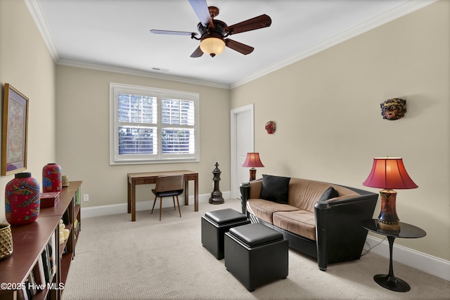 living room featuring visible vents, baseboards, light colored carpet, ceiling fan, and ornamental molding