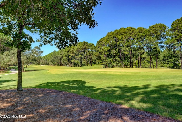 view of property's community featuring a yard, golf course view, and view of wooded area