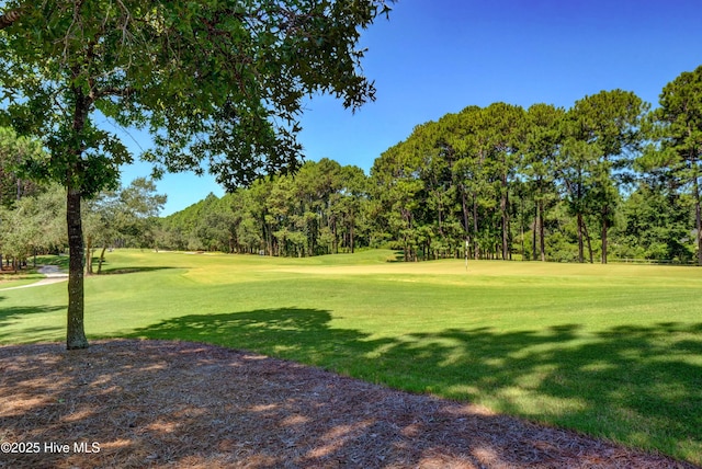 view of home's community featuring view of golf course and a yard