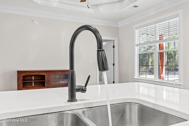 room details with light stone counters, a tray ceiling, ornamental molding, a sink, and ceiling fan