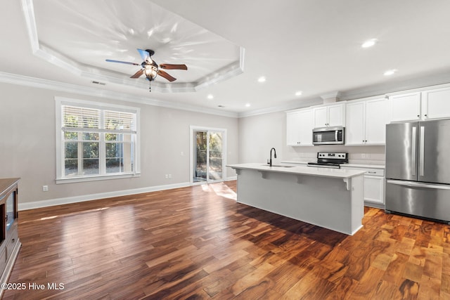 kitchen featuring a center island with sink, appliances with stainless steel finishes, a tray ceiling, light countertops, and white cabinetry