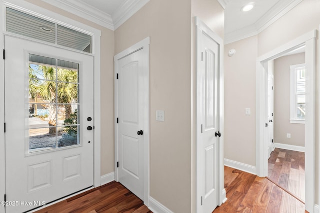 entryway featuring ornamental molding, a healthy amount of sunlight, and wood finished floors