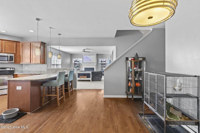 128 Pamlico Dr, Holly Ridge, NC 28445 - kitchen featuring dark wood-style flooring, a fireplace, a ceiling fan, open floor plan, and appliances with stainless steel finishes