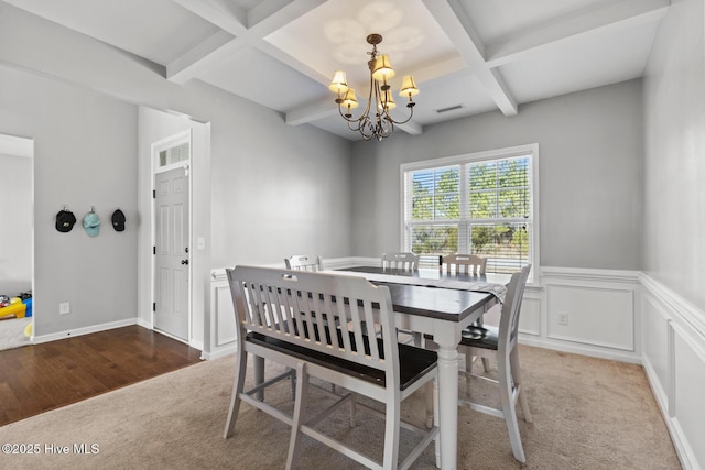 128 Pamlico Dr, Holly Ridge, NC 28445 - dining room with beam ceiling, coffered ceiling, visible vents, and a notable chandelier