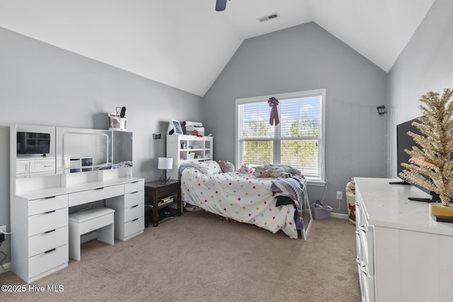 128 Pamlico Dr, Holly Ridge, NC 28445 - bedroom with light colored carpet, lofted ceiling, visible vents, and a ceiling fan