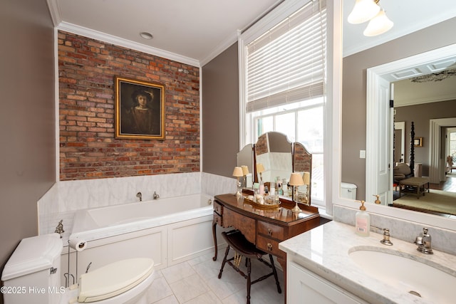 bathroom featuring ornamental molding, vanity, toilet, and a bath