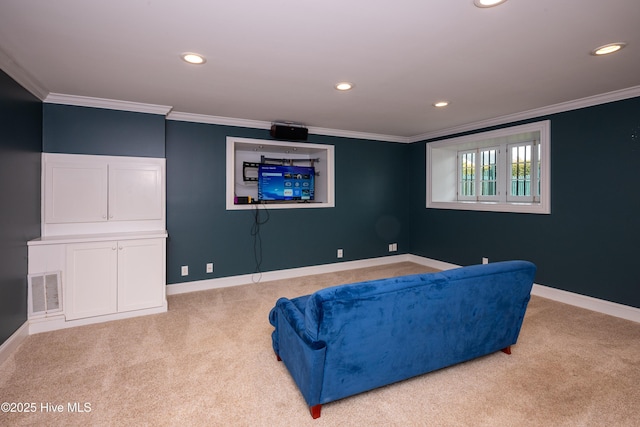 sitting room featuring light carpet, baseboards, visible vents, and crown molding